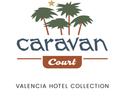 a logo with palm trees and stars